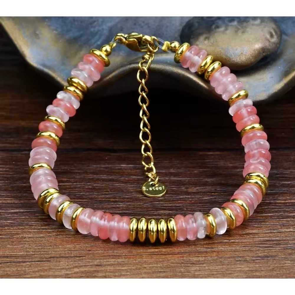 Pink Quartz Beaded Bracelet Gold Tone Stainless Steel Adjustable Lobster Clasp